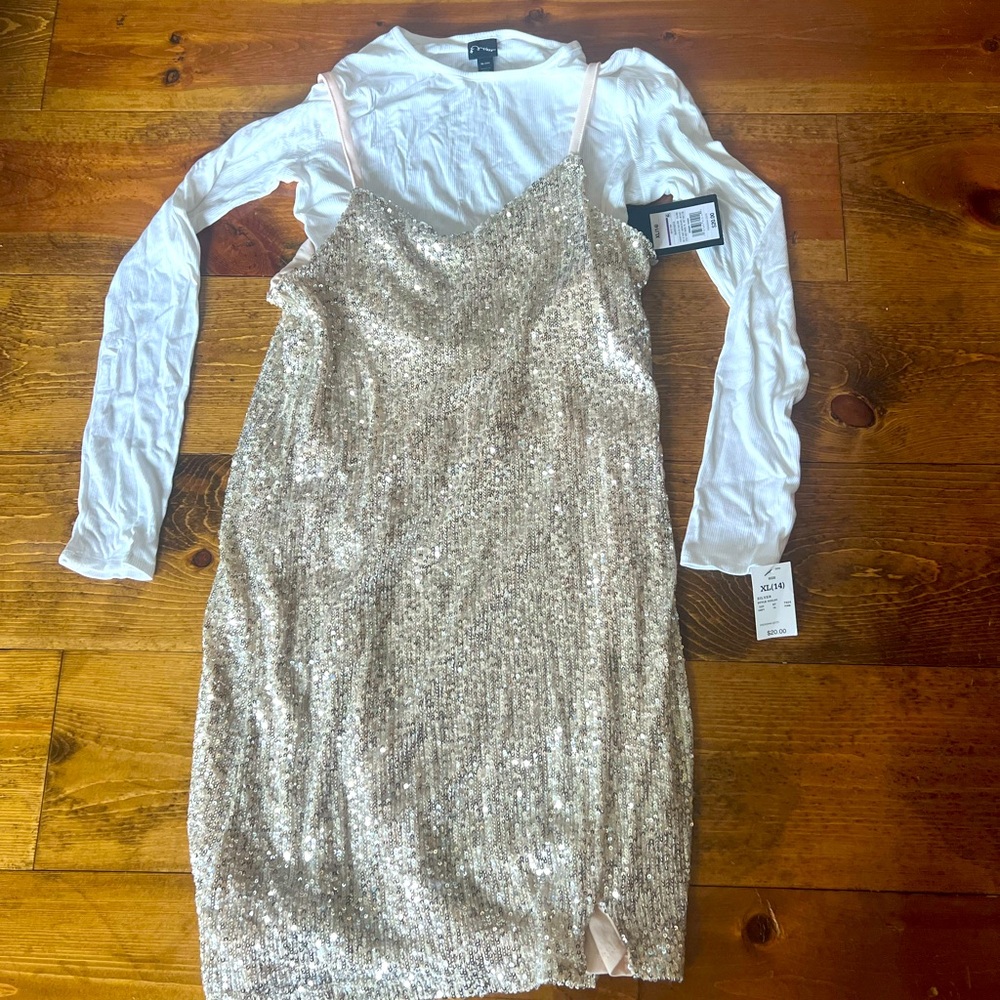 Sequin Gold Beige Dress with Off White Long Sleeve Top Girls 14